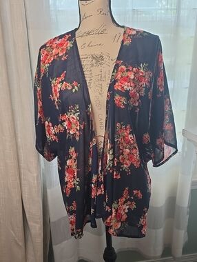 Dizzy Gal Black Floral Kimono with Coral Blooms
